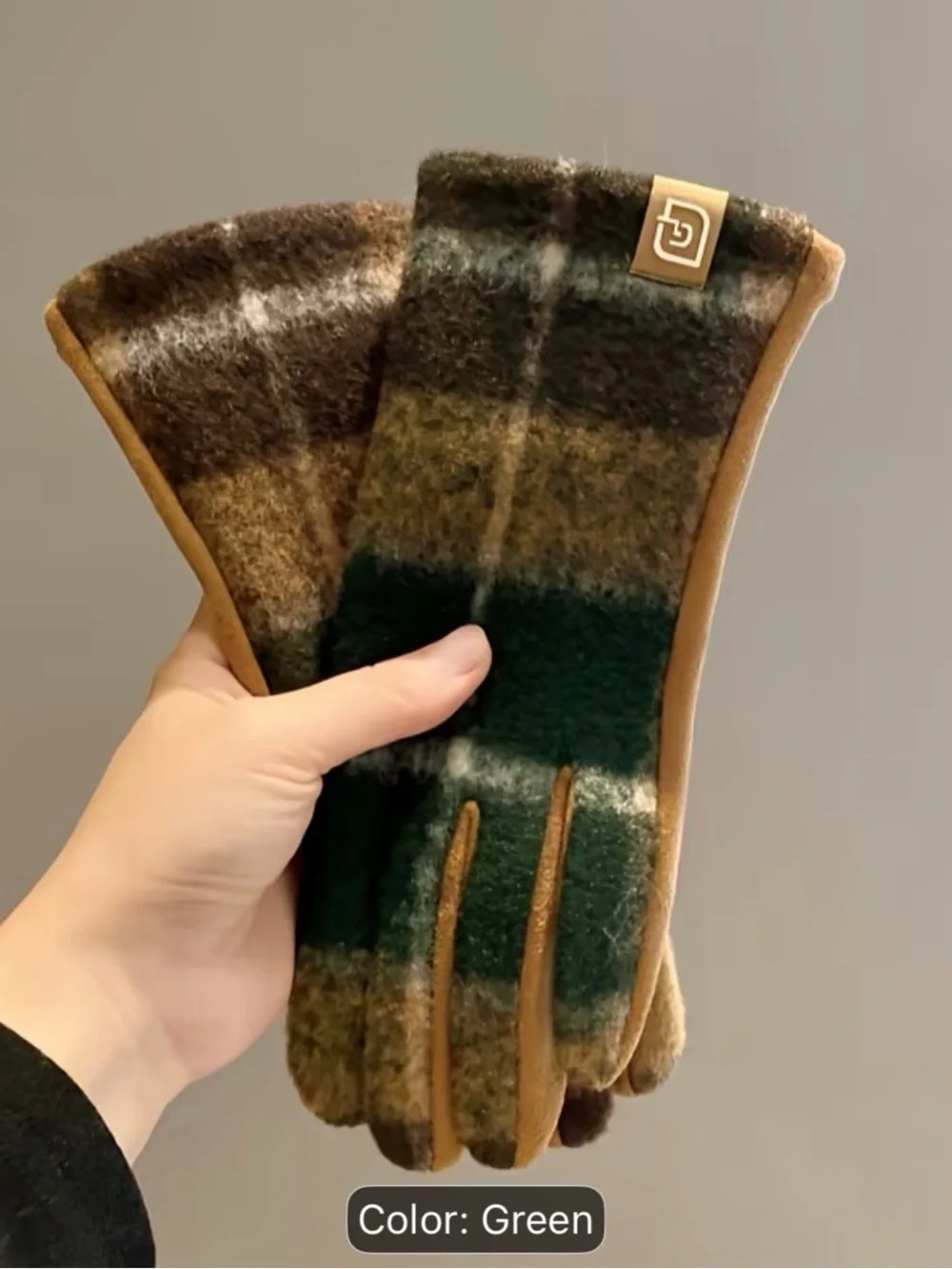 Plaid Fleece Gloves Green & Brown Plaid